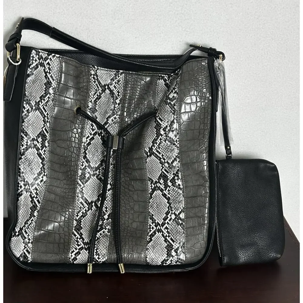 Snakeskin Print Tote Bag Silver Black Faux Leather Shoulder Tote w/ Clutch
